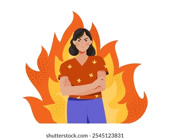 Woman expressing anger. Young girl standing in fire. Negative feelings and emotions. Aggression and frustration, rage. Emotional burnout. Flat vector illustration isolated on white background