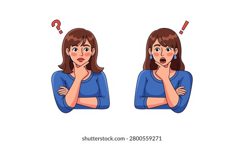 Woman expressing confusion and realization with question and exclamation marks confusion realization thinking expression question discovery