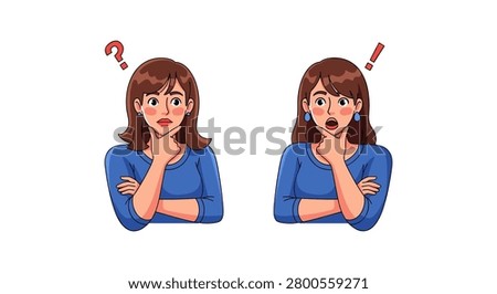 Woman expressing confusion and realization with question and exclamation marks confusion realization thinking expression question discovery