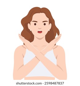 Woman Expressing Disapproval is making an X gesture with her arms, expressing refusal. Flat vector illustration isolated on white background
