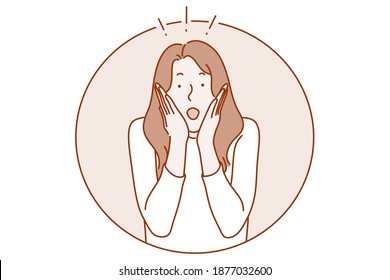 Woman expressing emotions concept. Young woman cartoon character touching head and expressing surprise, shock, frustration with open mouth. Facial expression, emotions vector illustration