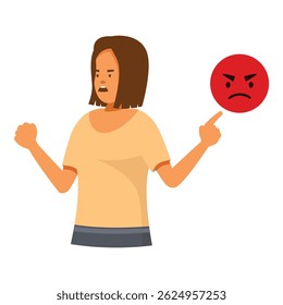 Woman expressing negative emotions, pointing at an angry face emoticon symbolizing frustration and annoyance
