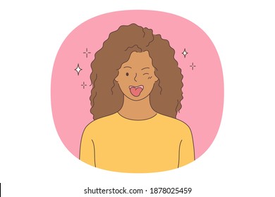 Woman expressing positive emotions concept. Young woman cartoon character showing tongue, feeling playful and happy, showing positive attitude and smiling. Facial expression vector illustration