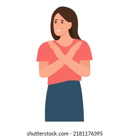 Woman  expressing rejection.Finger language, non verbal communication.Girl rejecting something with stop hand gesture.Vector illustration isolated