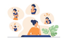Woman Expressing Strong Various Feelings And Emotions. Girl Suffering From Distracted Behavior And Mood Changes. Vector Illustration For Mental Disorder, Psychology, Stress, Crisis Concept