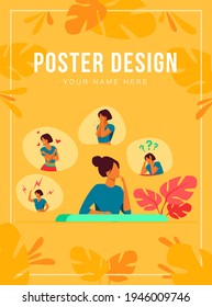 Woman expressing strong various feelings and emotions. Girl suffering from distracted behavior and mood changes. Vector illustration for mental disorder, psychology, stress, crisis concept