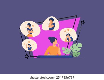 Woman expressing strong various feelings and emotions. Girl suffering from distracted behavior and mood changes. Vector illustration for mental disorder, psychology, stress, crisis concept