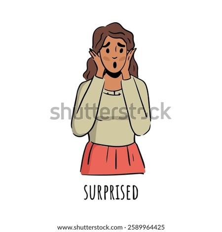 Woman expressing surprised emotion. Vector flat cartoon character, isolated female personage with shocked or astonished face raising brows and touching cheeks. Amazed or flabbergasted girl