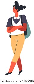 Woman expressing upsetting tone, isolated female character wearing casual clothes. Lady carrying rucksack, teenager in uniform. University or college student with fancy hairstyle, vector in flat