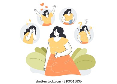 Woman expressing various feelings and emotions. Cartoon female character suffering from distracted behavior and mood changes flat vector illustration. Psychological or mental health concept