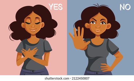 
Mujer expresando sí y no en diferentes situaciones Ilustración vectorial. Novia mostrando respuestas positivas y negativas 
