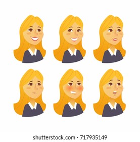 Woman Expressions - vector flat illustration of a random person, employer, supervisor, colleague, cartoon character. Number of faces depicting emotions, happy, kindness, trust, sad, pity, interest