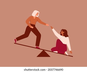 La mujer extiende una mano de ayuda a su amiga para lograr el equilibrio. La líder femenina ayuda a los recién llegados a ascender en su carrera. Relaciones de trabajo entre colegas. Apoyo psicológico entre las mujeres. Ilustración del vector