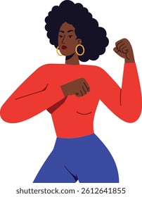 A woman exudes confidence while dancing, wearing a vibrant red shirt and blue pants, showcasing her joyful spirit and dynamic movement.