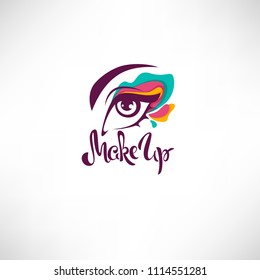 woman eye with bright makeup and lettering composition for your logo, label, emblem