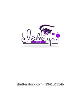 woman eye with bright makeup and lettering composition for your logo, label, emblem