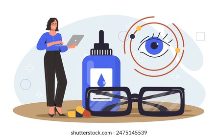 Mujer con gotas para los ojos. Chica al lado de gafas y gotas para los ojos. Corrección de la visión y protección de la retina. Sanidad y medicina, tratamiento. Ilustración vectorial plana de dibujos animados aislada sobre fondo blanco