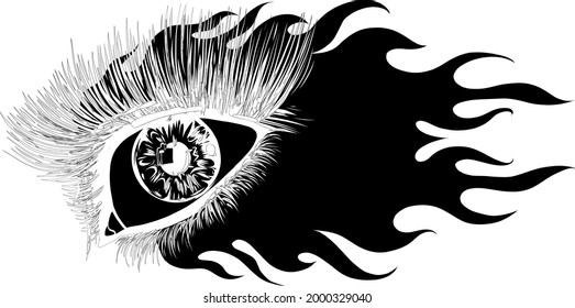 Ojo femenino con ilustración vectorial de fuego y llamas