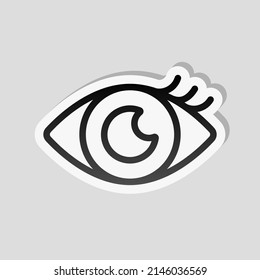 Woman eye, girl eyelash, beauty logo. Linear sticker, white border and simple shadow on gray background