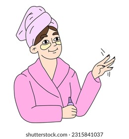 A woman with an eye mask paints her nails with nail polish. Moisturizing, anti-age care. Self beauty routine. Skin care, gel, serum, eye mask for hydration. Flat vector illustration