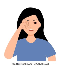 Woman with eye pain in flat design. Sore eye concept vector illustration.