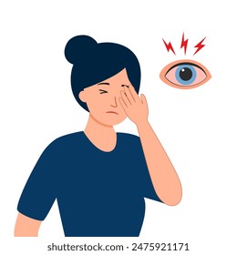 Woman with eye pain in flat design. Sore eye concept vector illustration.