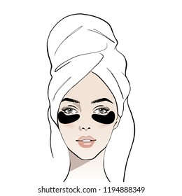 Woman with eye patch. Beauty treatment. Skin care routine. Beautiful young woman face with white towel on her head. Fashion woman with bath towel. Sketch. Vector illustration. Spa beauty concept