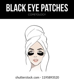 Woman with eye patch. Beauty treatment. Skin care routine. Beautiful young woman face with white towel on her head. Fashion woman with bath towel. Sketch. Vector illustration. Spa beauty concept