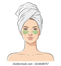 Woman with eye patches. Beautiful young woman face with bath towel on her head, vector illustration