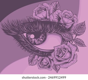 Mujer Ojo con Ilustración vectorial de flores de rosa sobre fondo blanco