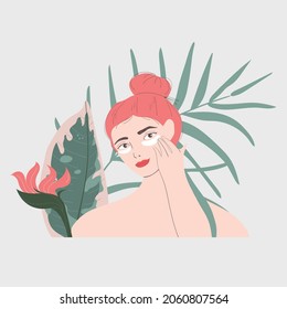 Woman eye skin care patches. Morning routine. Torus leaves and flowers