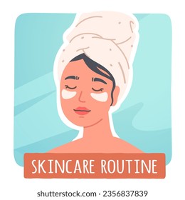 Woman eye skin care routine sticker. Pretty girl wearing towel on head and applying gel eye patches. Person skincare procedure, health, hygiene, face cosmetics, beauty flat vector illustration