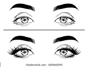 Woman eye with and without false lashes