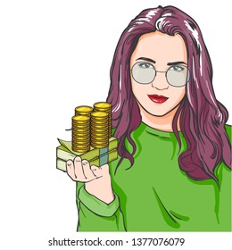 Woman with eyeglasses hold a money, vector hand drawn illustration isolated on white background