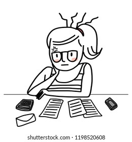 Woman with eyeglasses perusing her bills. Financial theme with weary and bored woman propping her chin on hand and looking at statement and bills on table.  Vector illustration with hand-drawn style.