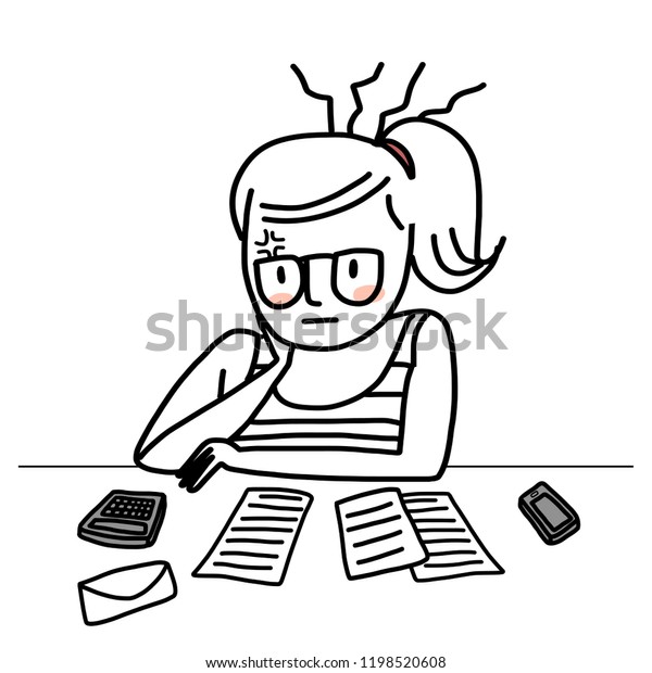 Woman Eyeglasses Perusing Her Bills Financial Stock Vector Royalty Free 1198520608