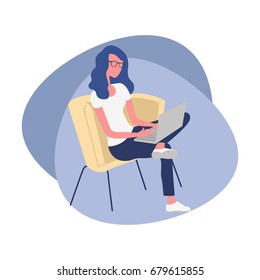 Woman in eyeglasses sitting on a chair and working on a laptop. Flat icon vector illustration