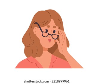 Woman in eyeglasses with strict face expression. Annoyed discontent teacher with negative emotion. Female putting off glasses, eyewear to look. Flat vector illustration isolated on white background