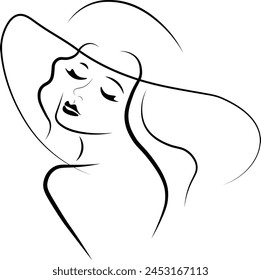 Woman With Eyes Closed, with hat Vector Outline Art