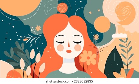 Woman eyes closed with natural scenery for book cover, e-book cover, reading book, writing book and sketch drawing book in flat wallpaper banner background vector illustration