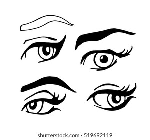 Woman eyes, eyebrows close up, isolated. Set collection. Black, white. Vector ink line hand drawn illustration, artwork. Fashion beauty concept for advertising promotion, branding, logo, label, emblem