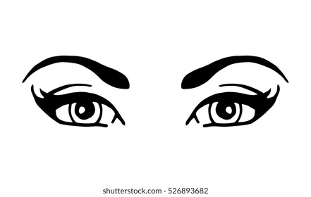 Woman eyes and eyebrows close up, isolated. Black and white. Vector ink line hand drawn illustration, paper artwork. Fashion beauty concept for advertising, promotion, branding, logo, label, emblem.