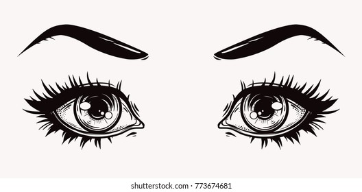 Woman eyes and eyebrows with full lashes. Isolated vector illustration. T-shirt print, poster and cards.
