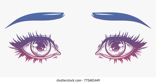 Woman eyes and eyebrows with full lashes. Isolated vector illustration. T-shirt print, poster and cards.