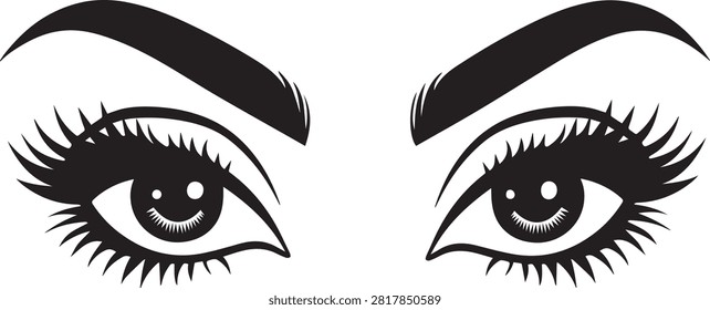 Woman eyes with eyelashes and eyebrows vector illustration, bold black and white vector illustration of a woman's eyes with long, dramatic eyelashes and shaped eyebrows. Perfect for beauty salons, lash studios, cosmetics branding, makeup artist logos, and fashion related design projects.