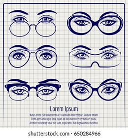 Woman eyes with glasses vector illustration. Ballpoint pen poster with female eyes