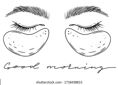 Woman eyes with hydrogel eye patches  and lettering good morning, vector