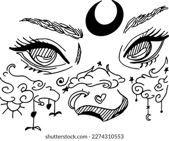 Woman eyes open, сдщгвыunder the eyes minimalistic sketchy illustration, new moon on top