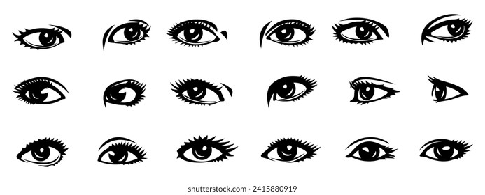 Woman Eyes Set. Doubles and singles. For avatars, faces, portraits design. Back and white vector cliparts.