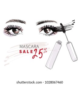 Woman eyes vector isolated illustration sketch. Beautiful eyelashes with mascara smear, eyebrows design drawn for banner, print, card, poster